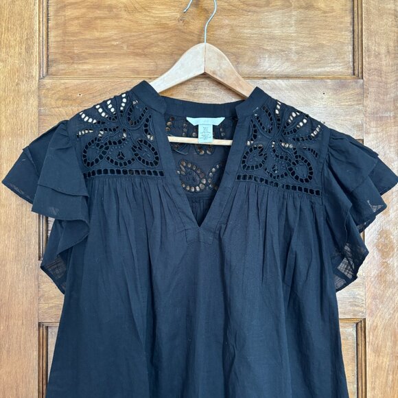NWOT! H&M Flutter Sleeve Dress with Eyelet Embroidery in Black - S - Picture 4 of 6